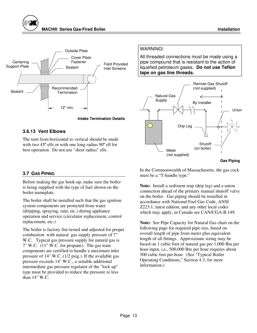 Patterson-Kelley MACH-05 manual Vent Elbows, Tape on gas line threads, Intake Termination Details, Gas Piping 