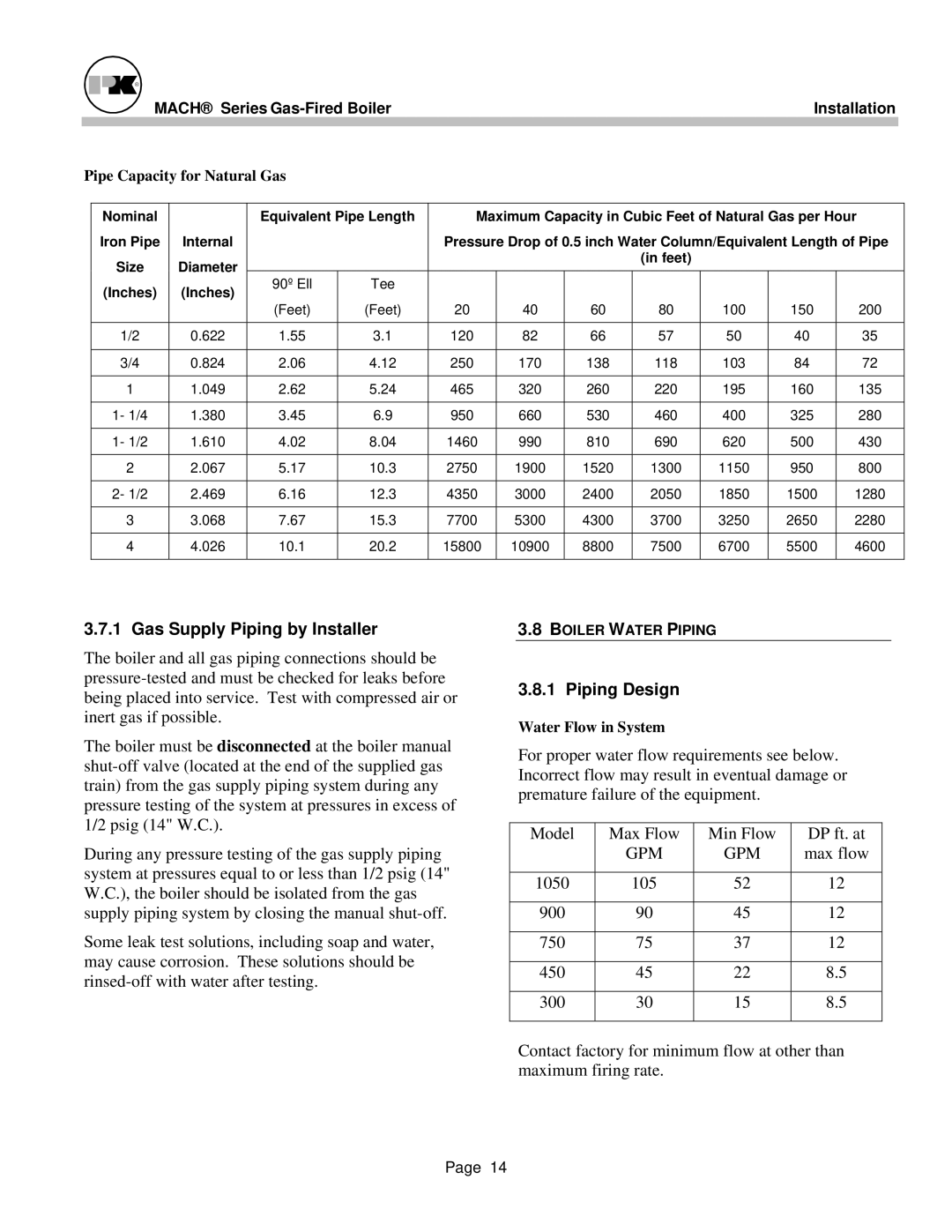 Patterson-Kelley MACH-05 manual Gas Supply Piping by Installer, Piping Design, Feet, Inches 