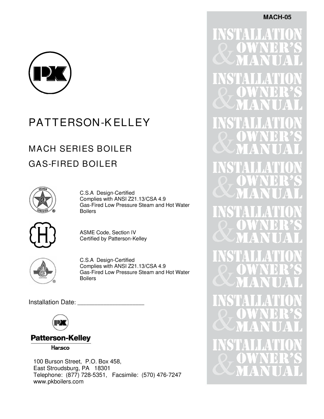 Patterson-Kelley MACH-05 manual Mach Series Gas-Fired Boiler 