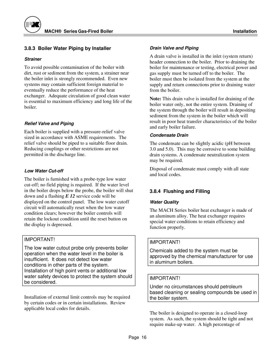 Patterson-Kelley MACH-05 manual Boiler Water Piping by Installer, Flushing and Filling 