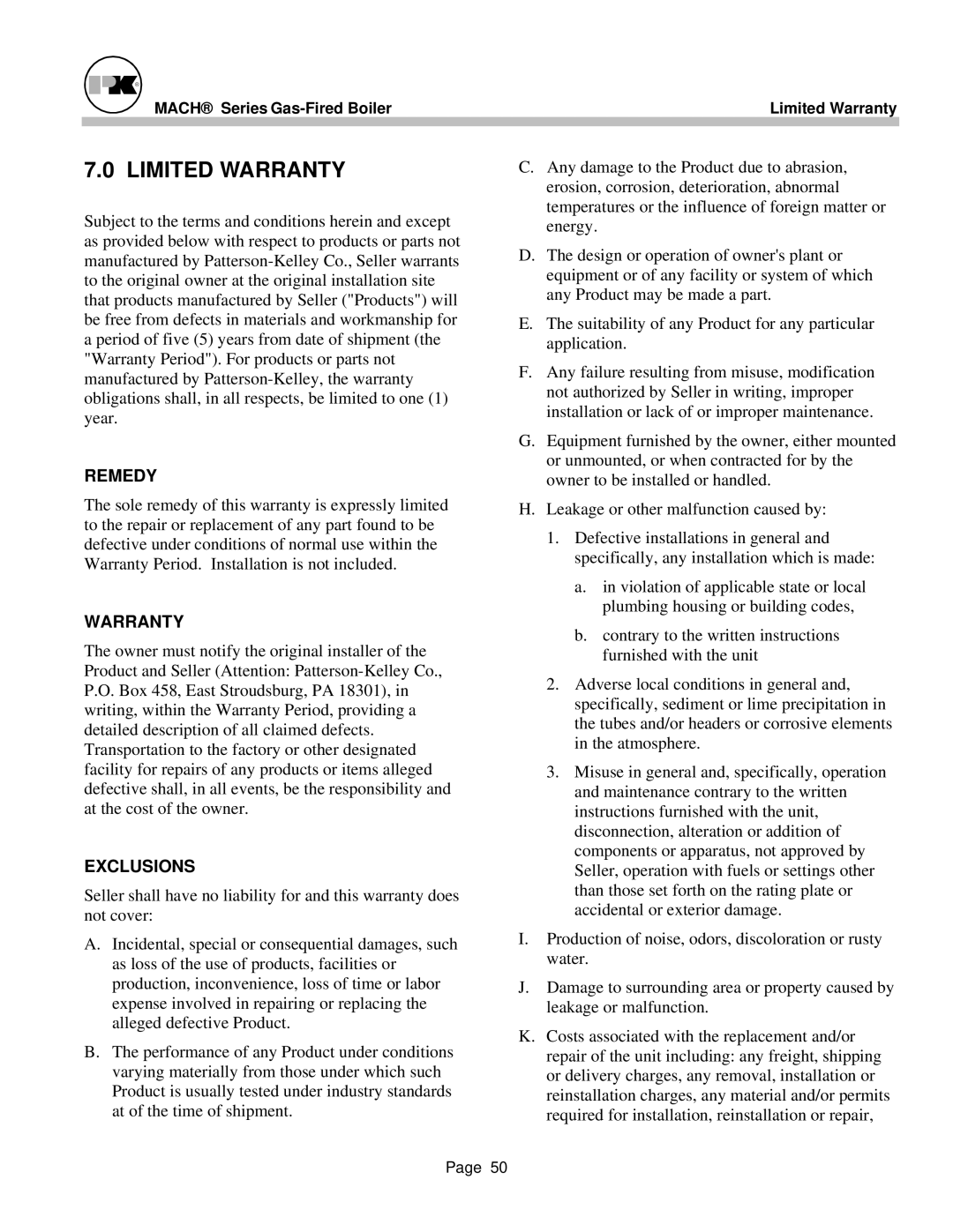 Patterson-Kelley MACH-05 manual Limited Warranty, Remedy 