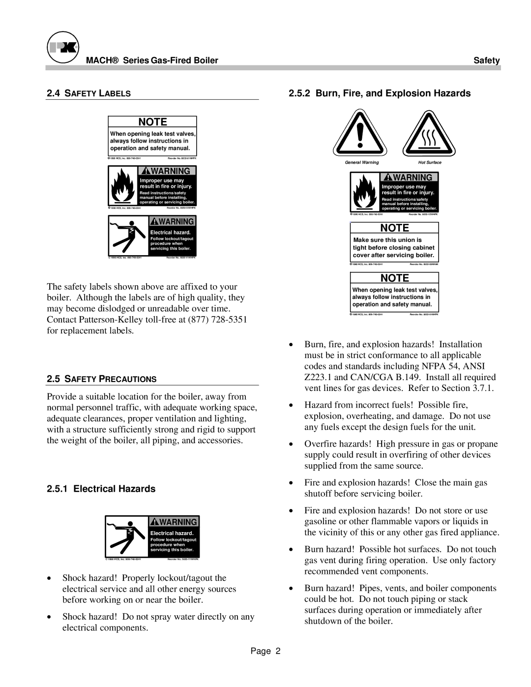 Patterson-Kelley MACH-05 manual Burn, Fire, and Explosion Hazards, Electrical Hazards 