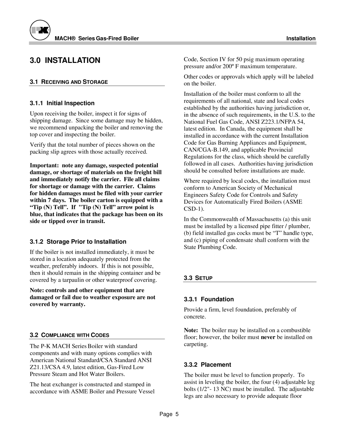 Patterson-Kelley MACH-05 manual Initial Inspection, Storage Prior to Installation, Foundation, Placement 
