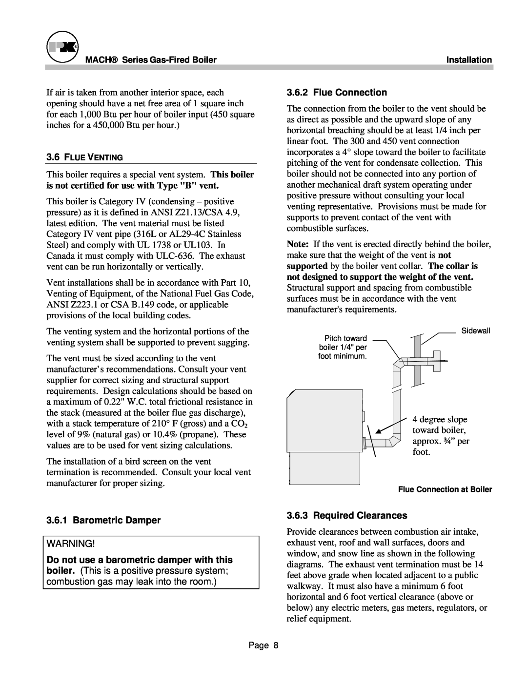 Patterson-Kelley MACH-05 manual Barometric Damper, Flue Connection, Required Clearances 