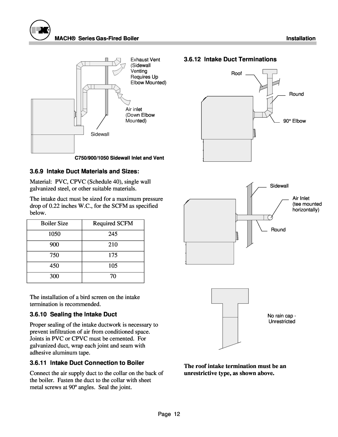Patterson-Kelley MACH-05 manual Intake Duct Terminations, Intake Duct Materials and Sizes, Sealing the Intake Duct 
