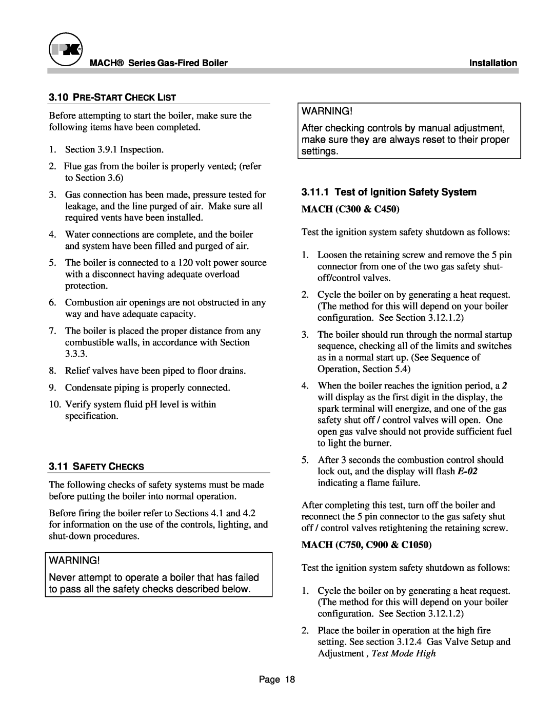 Patterson-Kelley MACH-05 manual 3.11.1Test of Ignition Safety System, MACH C300 & C450, MACH C750, C900 & C1050 