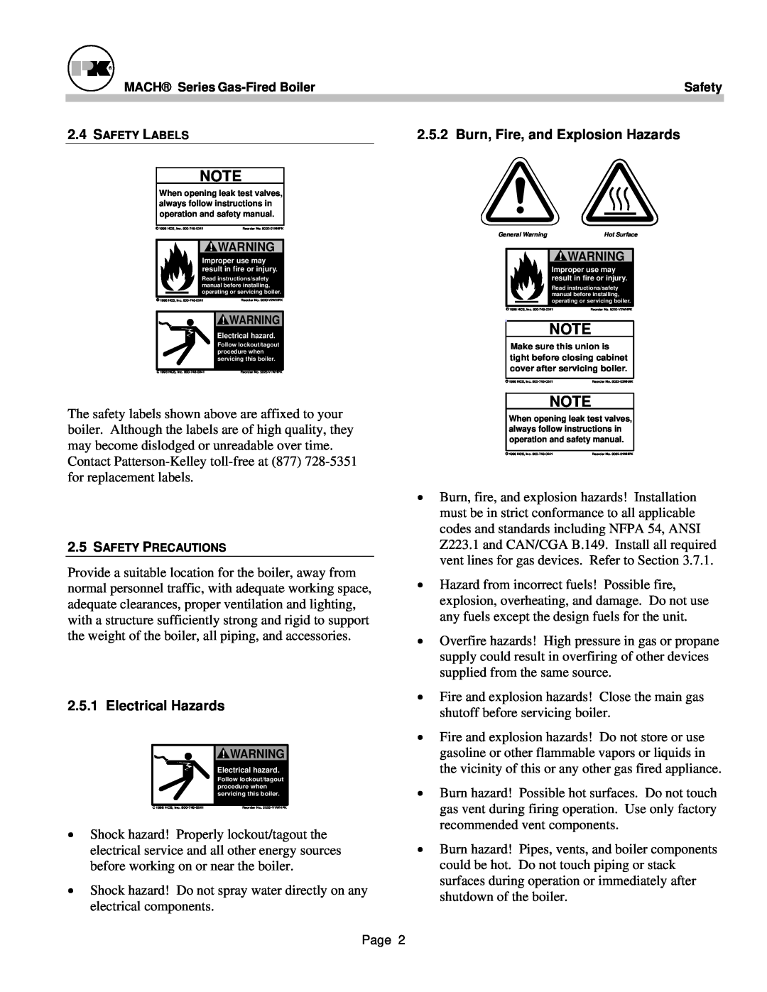 Patterson-Kelley MACH-05 Burn, Fire, and Explosion Hazards, Electrical Hazards, 2.4SAFETY LABELS, 2.5SAFETY PRECAUTIONS 