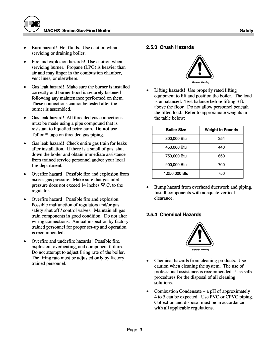 Patterson-Kelley MACH-05 manual Crush Hazards, Chemical Hazards 
