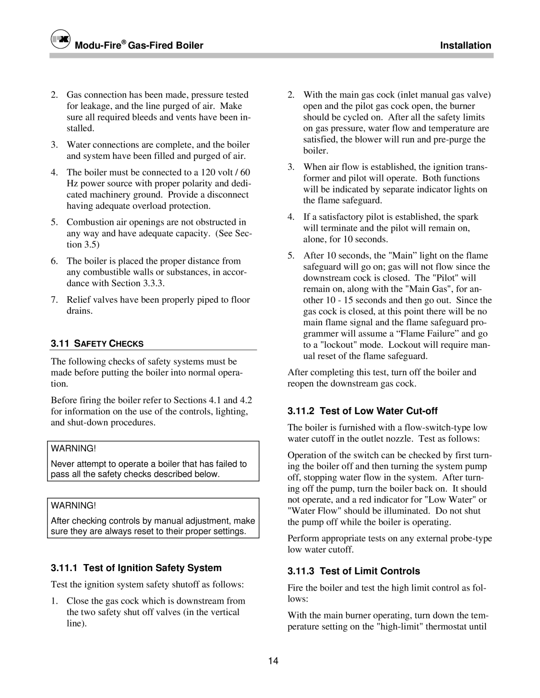 Patterson-Kelley MOD-04 owner manual Test of Ignition Safety System, Test of Low Water Cut-off, Test of Limit Controls 