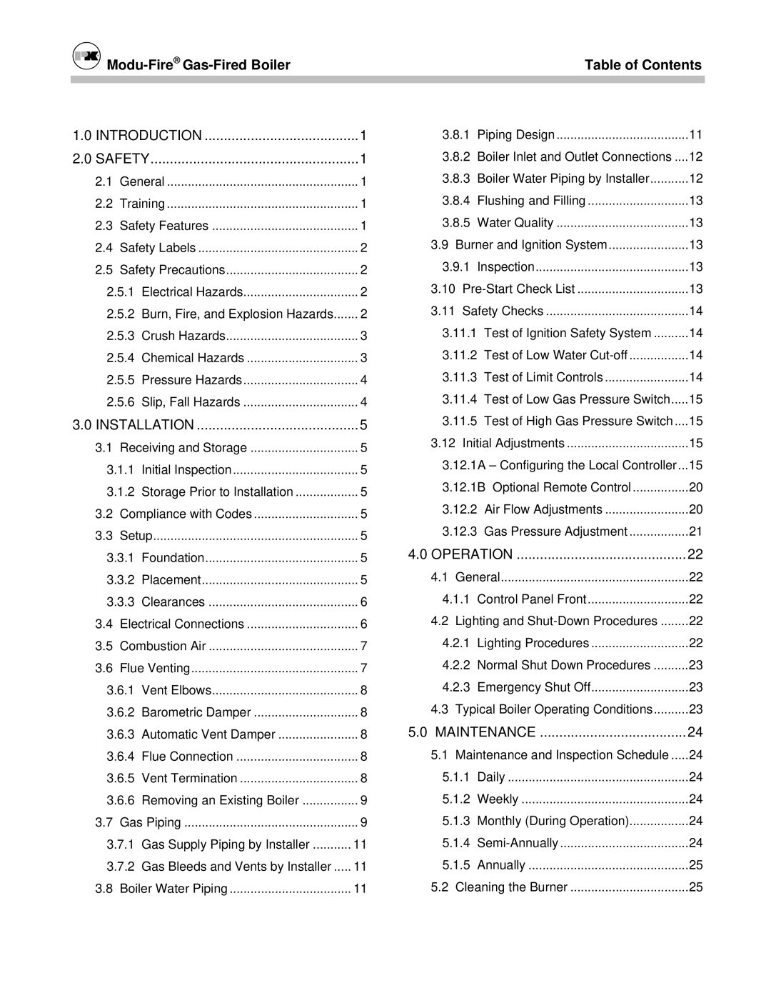 Patterson-Kelley MOD-04 owner manual Modu-FireGas-Fired Boiler Table of Contents 