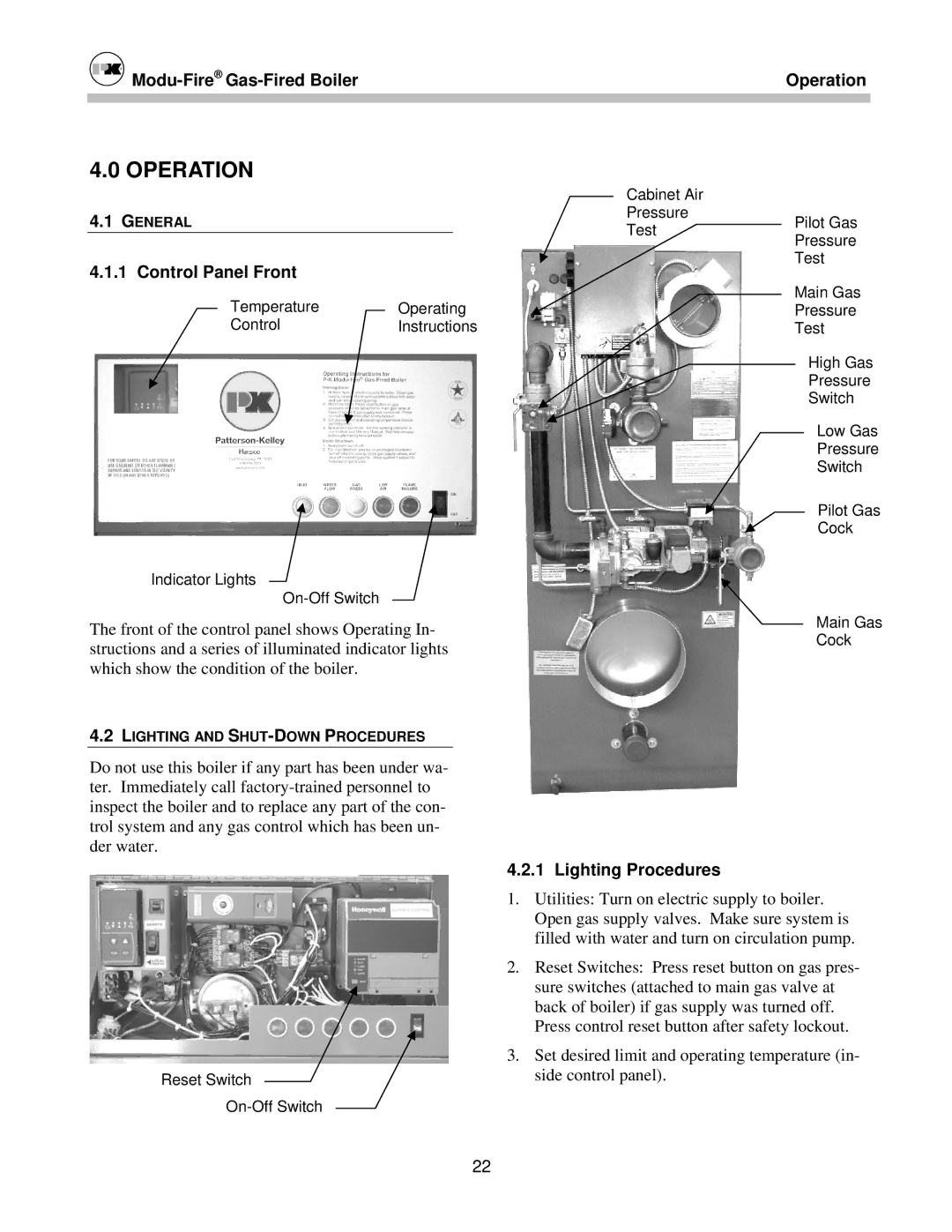 Patterson-Kelley MOD-04 owner manual Modu-FireGas-Fired Boiler Operation, Control Panel Front, Lighting Procedures 