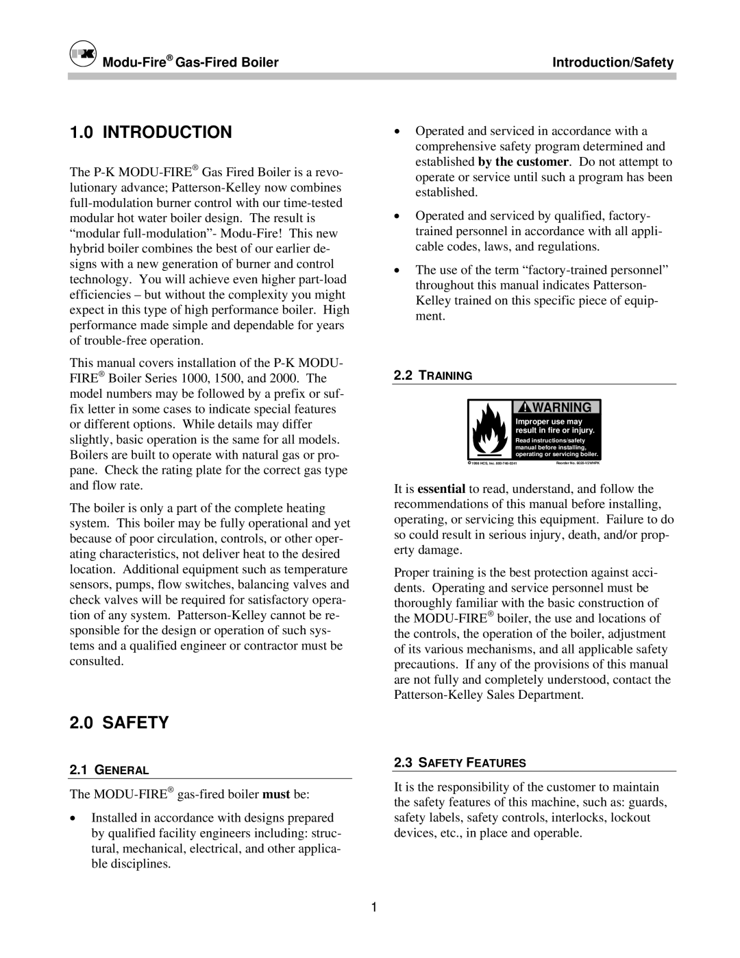 Patterson-Kelley MOD-04 owner manual Modu-FireGas-Fired Boiler, Introduction/Safety 