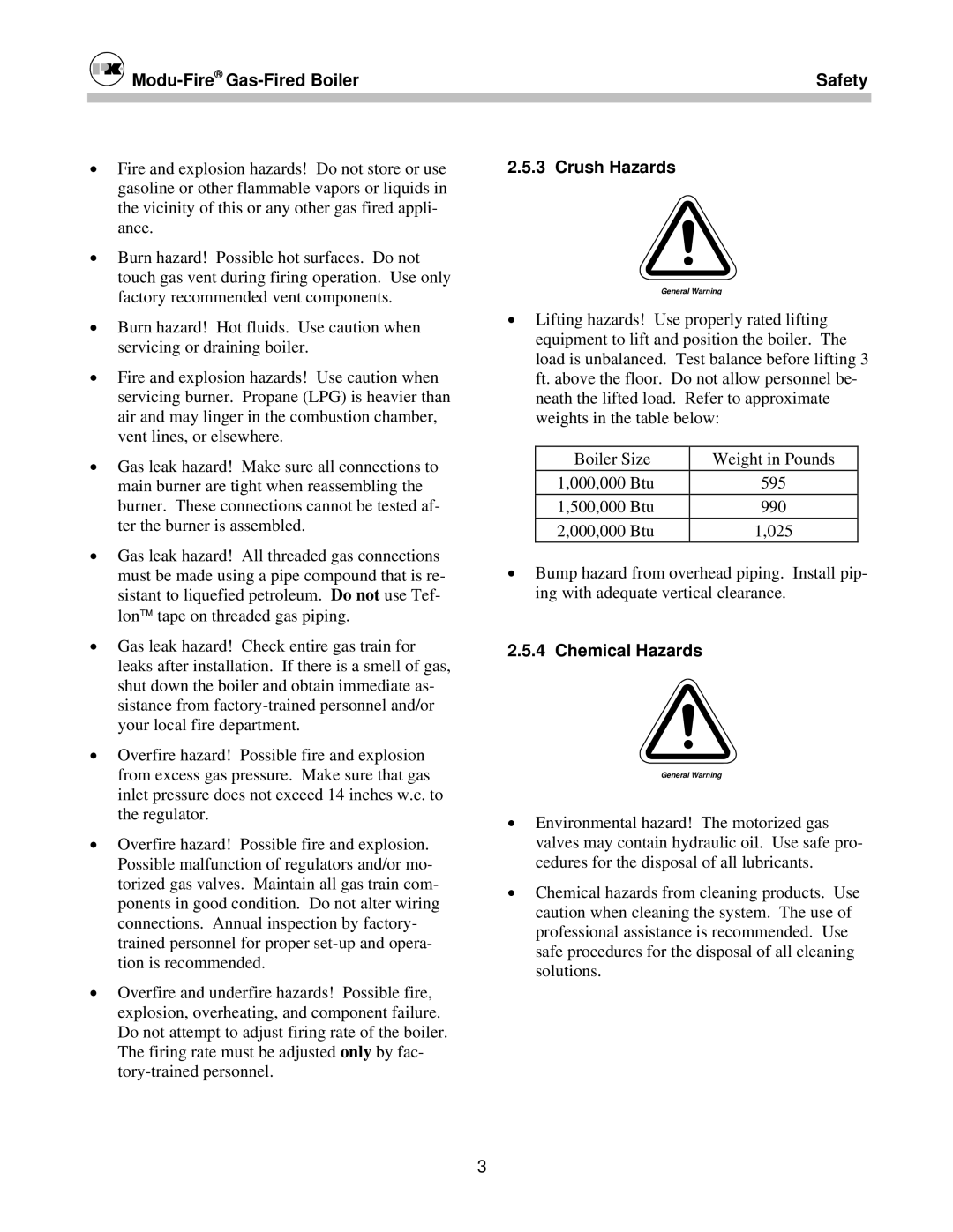 Patterson-Kelley MOD-04 owner manual Modu-FireGas-Fired Boiler Safety, Crush Hazards, Chemical Hazards 