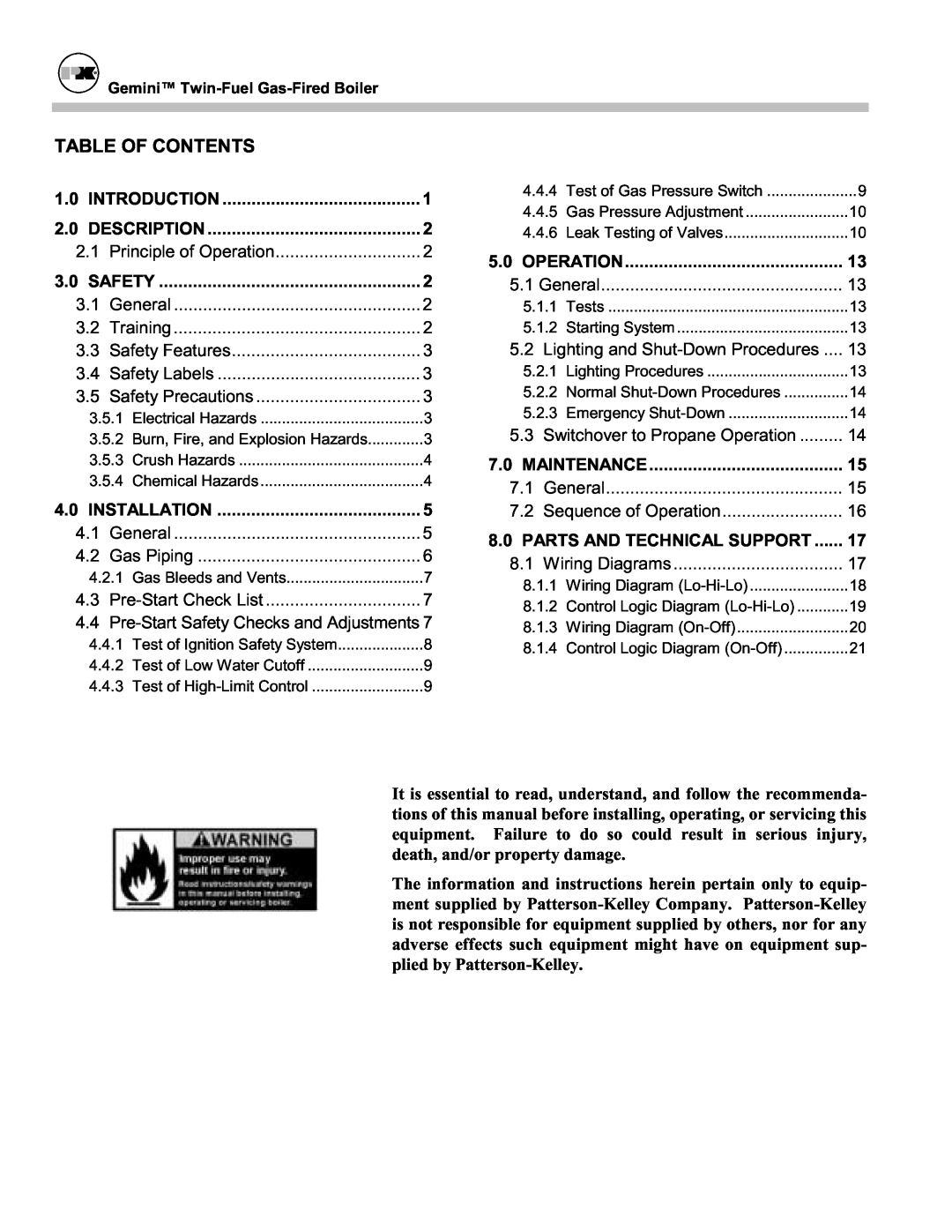 Patterson-Kelley TBIG-03 Introduction, Description, Safety, Installation, Operation, Maintenance, Table Of Contents 