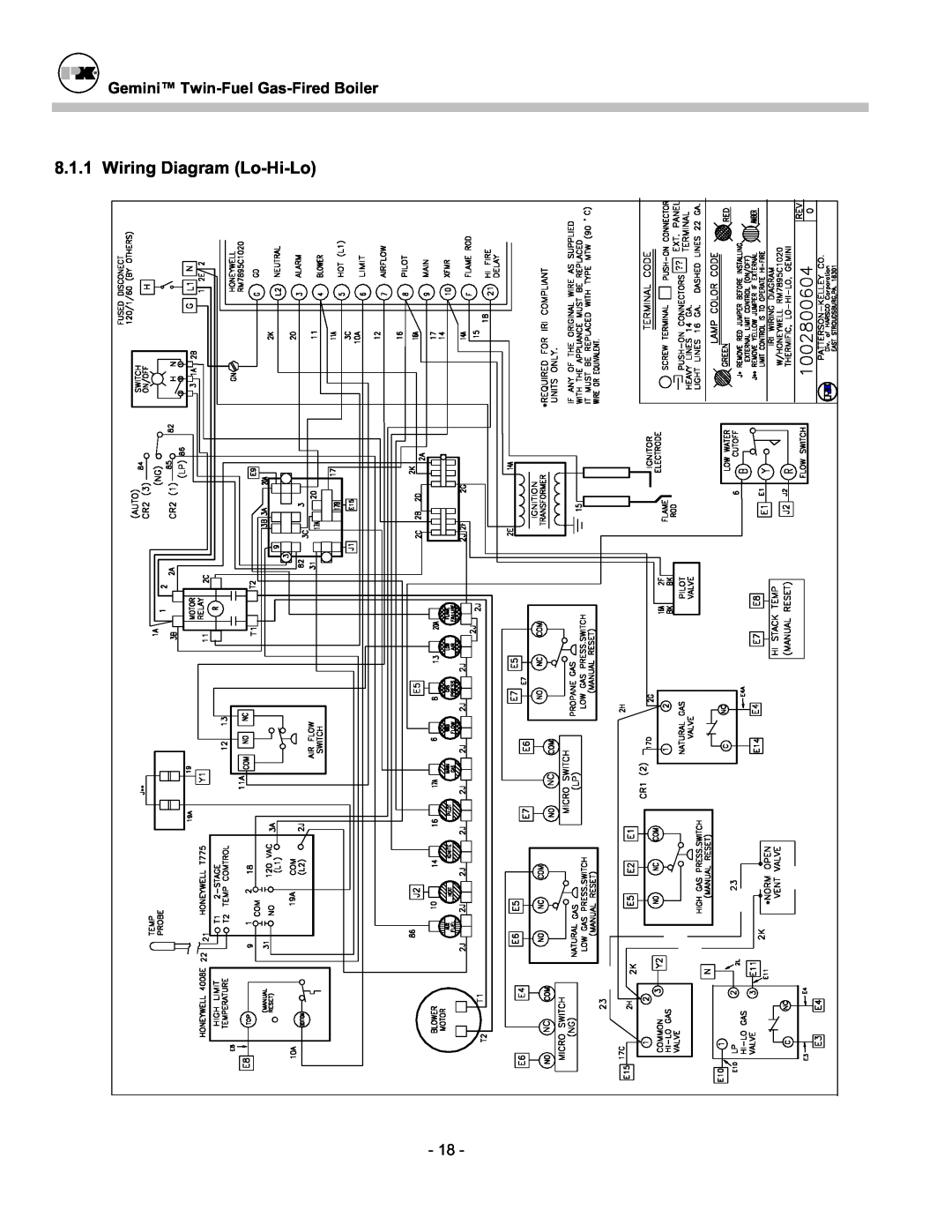 Patterson-Kelley TBIG-03 owner manual Wiring Diagram Lo-Hi-Lo, Gemini Twin-Fuel Gas-FiredBoiler 