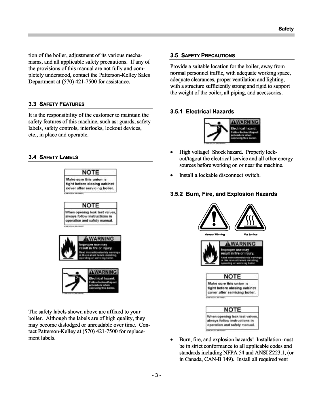Patterson-Kelley TBIG-03 owner manual Electrical Hazards, Burn, Fire, and Explosion Hazards 