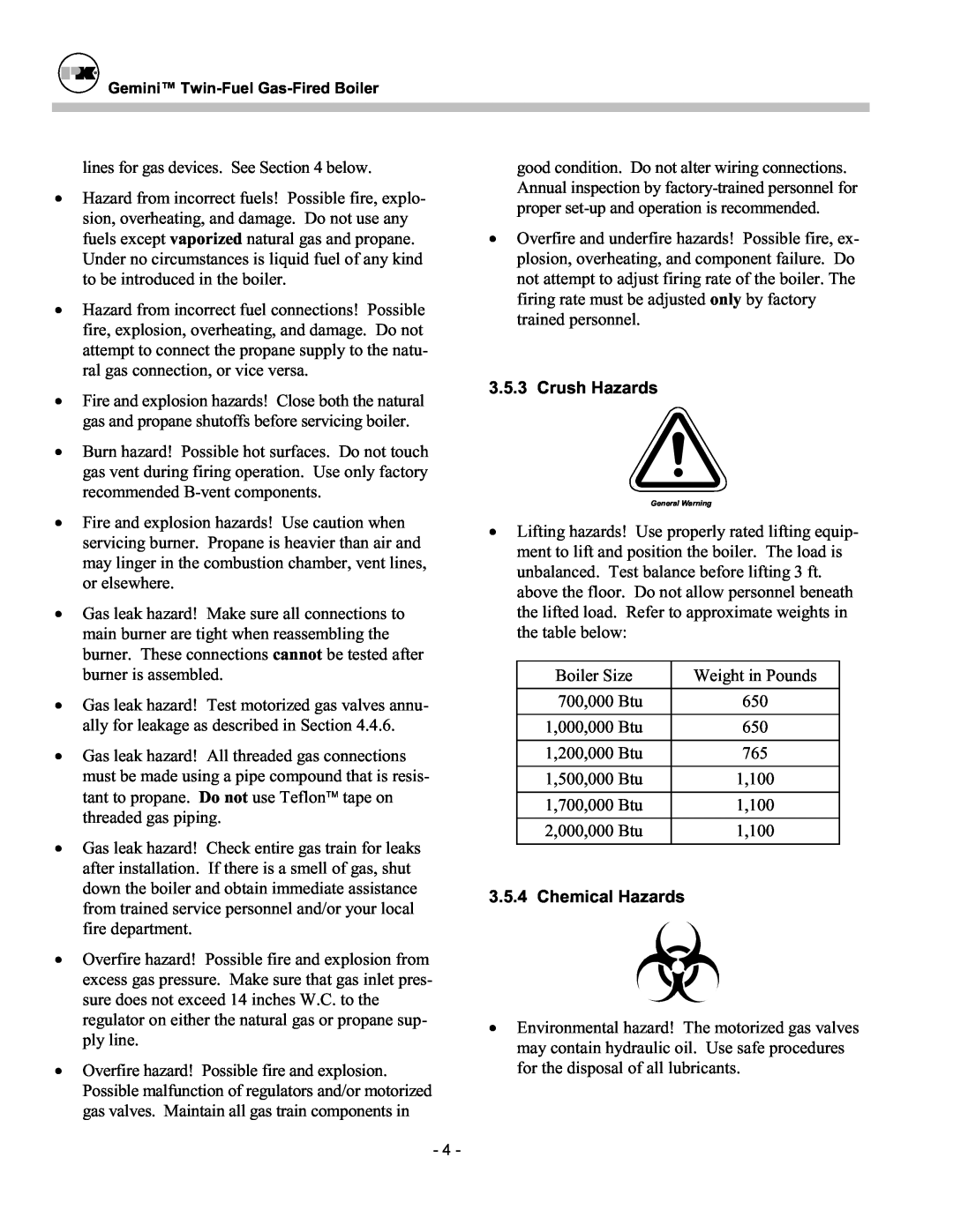 Patterson-Kelley TBIG-03 owner manual Crush Hazards, Chemical Hazards 