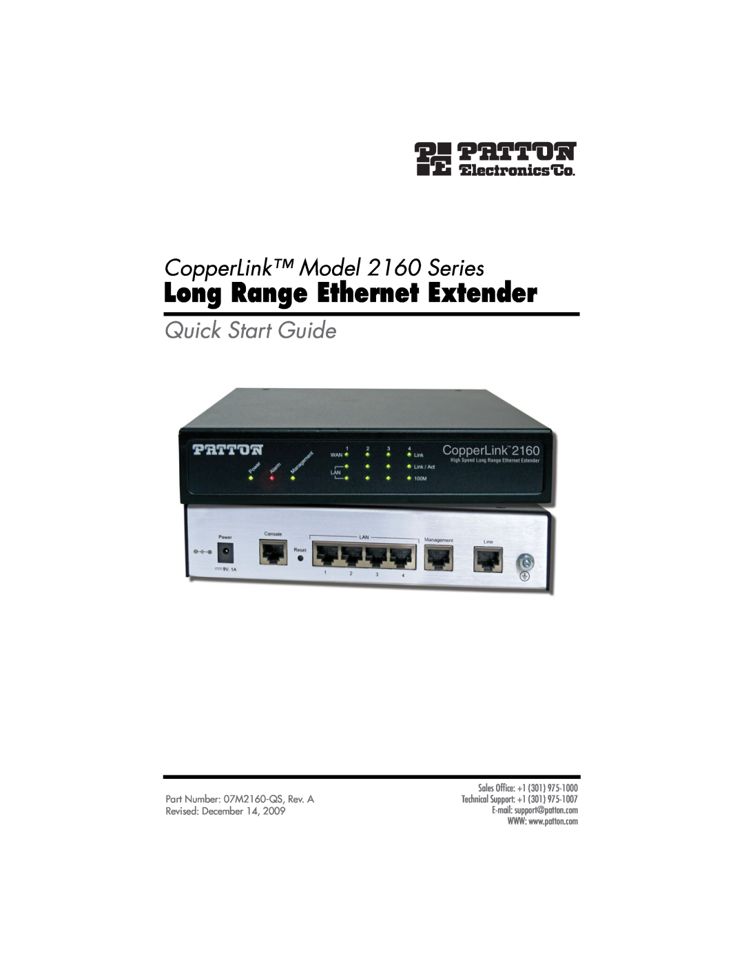 Patton electronic 07M2160-QS quick start Long Range Ethernet Extender, CopperLink Model 2160 Series, Quick Start Guide 