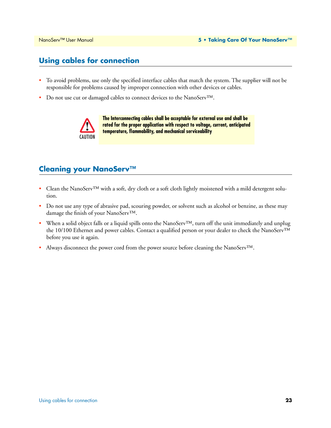 Patton electronic 07M6070-UM user manual Using cables for connection, Cleaning your NanoServ 