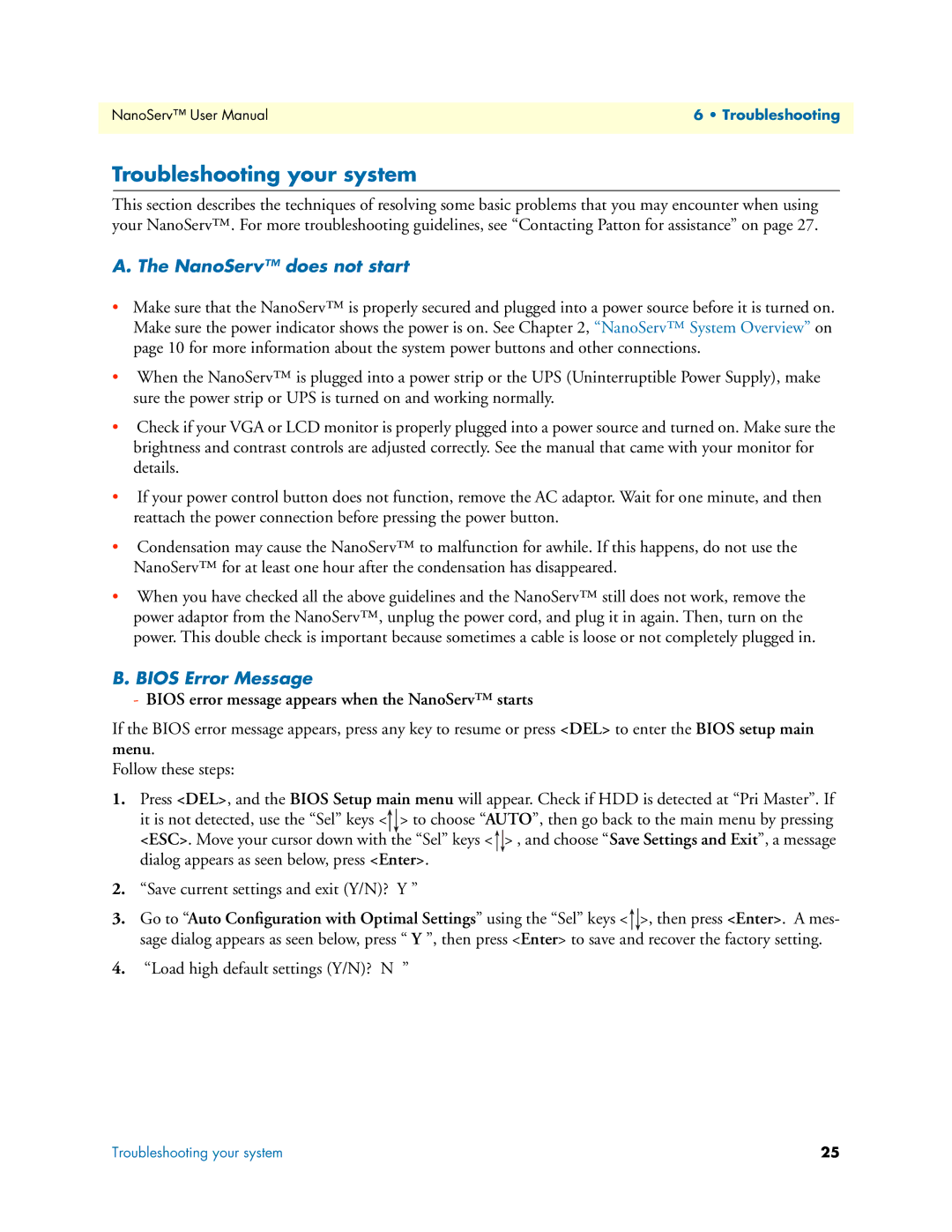 Patton electronic 07M6070-UM user manual Troubleshooting your system, NanoServ does not start 