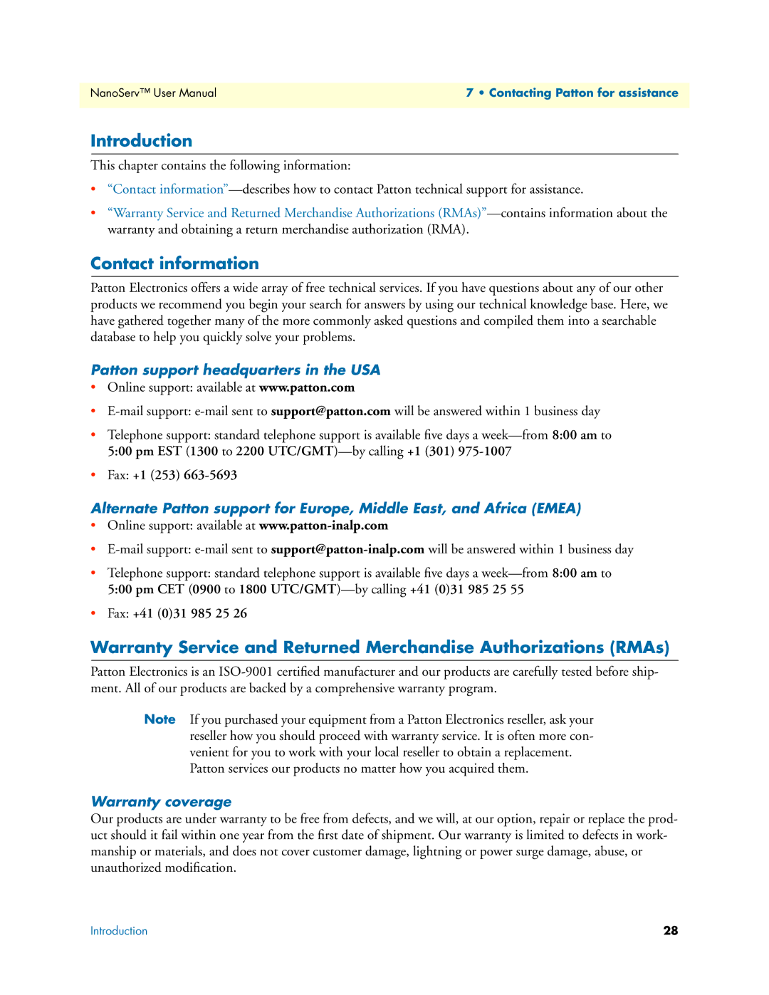 Patton electronic 07M6070-UM user manual Contact information, Patton support headquarters in the USA 