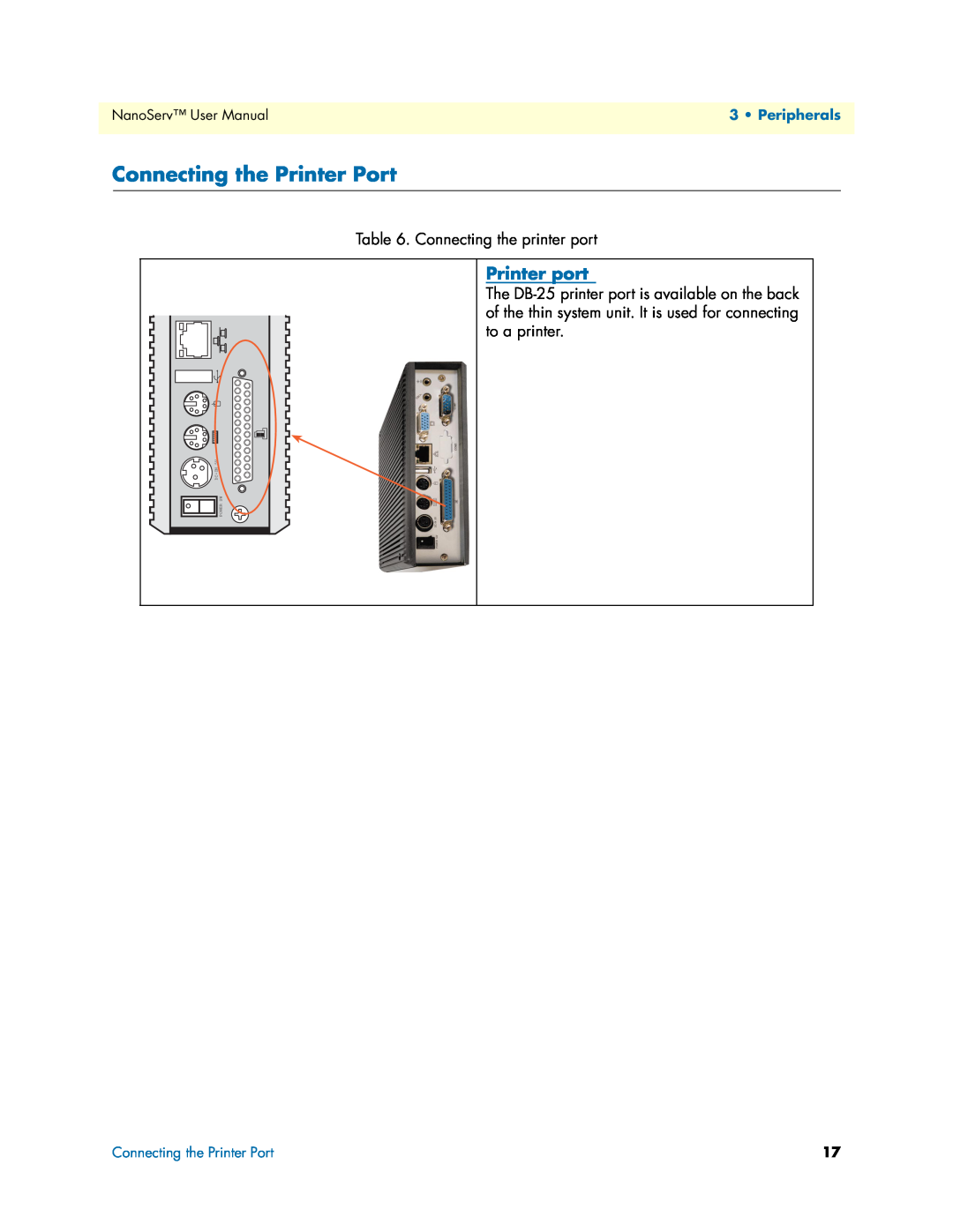 Patton electronic 07M6070-UM user manual Connecting the Printer Port, NanoServ User Manual, Peripherals, Dc-In, Power Sw 