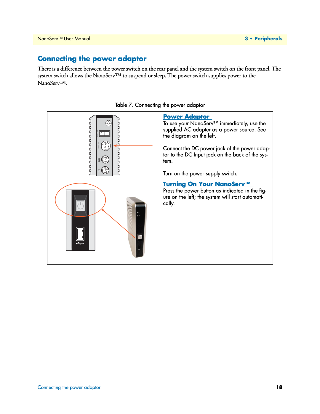 Patton electronic 07M6070-UM user manual Connecting the power adaptor, Power Adaptor, Turning On Your NanoServ 