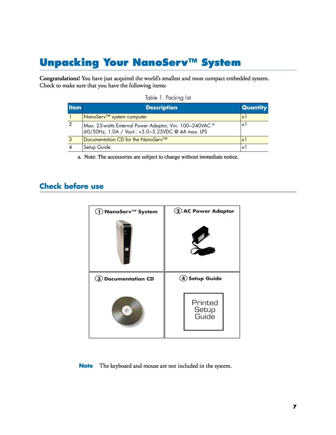 Patton electronic 07M6070-UM user manual Unpacking Your NanoServ System, Check before use, Printed Setup Guide 