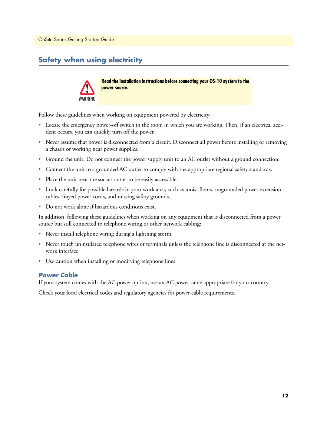 Patton electronic 07MOS10xx-GS, 1063 manual Safety when using electricity, Power Cable 