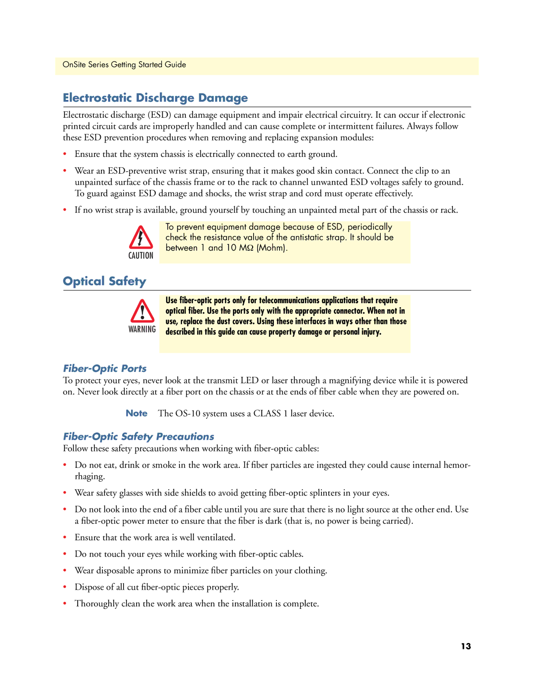 Patton electronic 1063 Electrostatic Discharge Damage, Optical Safety, Fiber-Optic Ports, Fiber-Optic Safety Precautions 