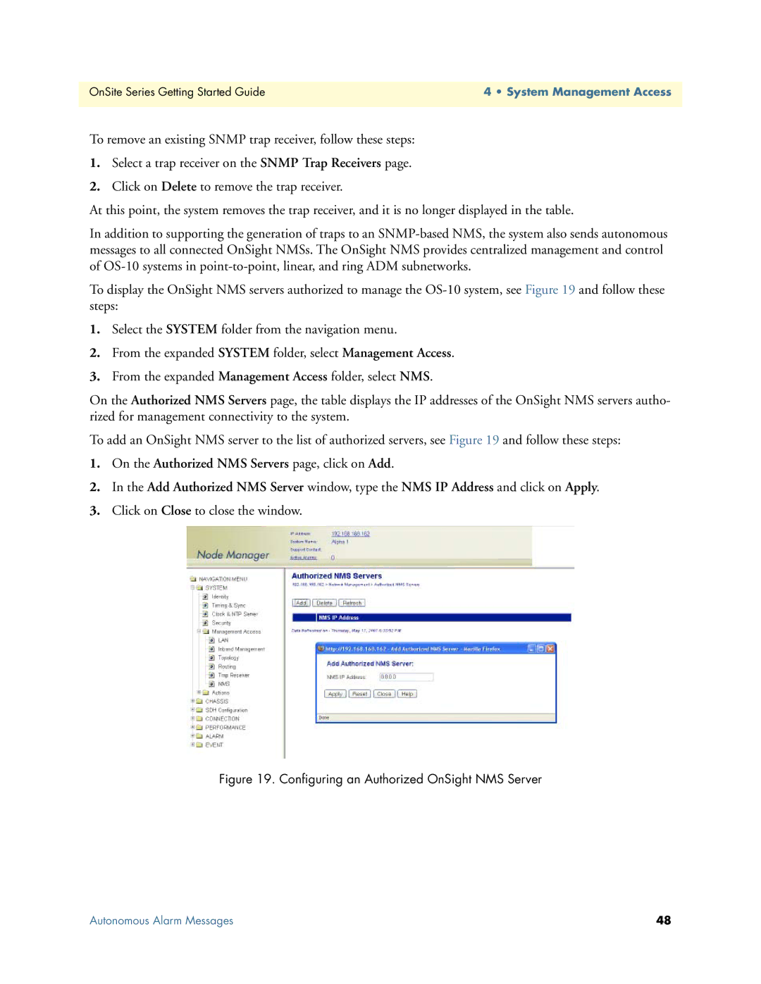 Patton electronic 07MOS10xx-GS, 1063 manual Conﬁguring an Authorized OnSight NMS Server 