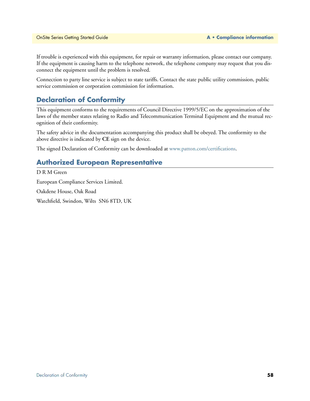 Patton electronic 07MOS10xx-GS, 1063 manual Declaration of Conformity, Authorized European Representative 