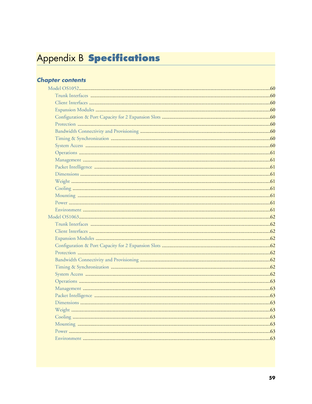 Patton electronic 1063, 07MOS10xx-GS manual Appendix B Speciﬁcations, Chapter contents 