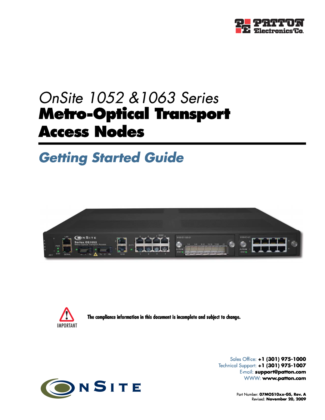 Patton electronic manual OnSite 1052 &1063 Series, Metro-Optical Transport Access Nodes, Getting Started Guide 