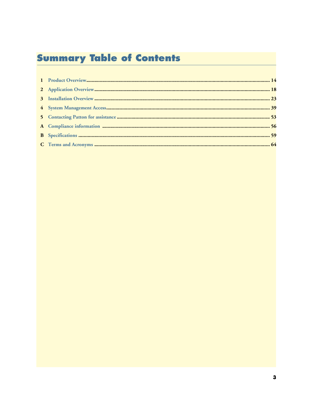 Patton electronic 1063, 07MOS10xx-GS manual Summary Table of Contents 