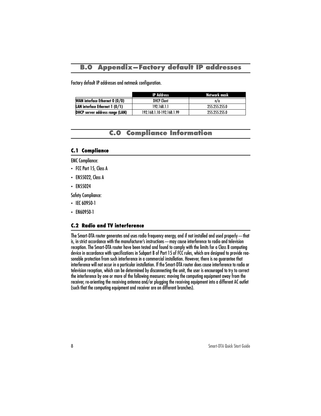 Patton electronic 07MSDTA-QS quick start Appendix-Factory default IP addresses, Compliance Information 