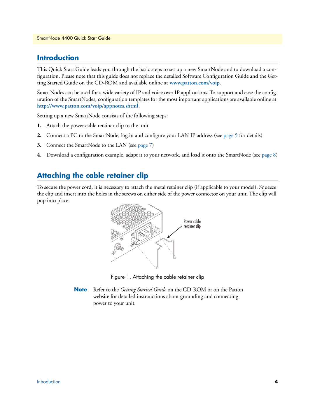 Patton electronic 07MSN4400-QS quick start Introduction, Attaching the cable retainer clip 