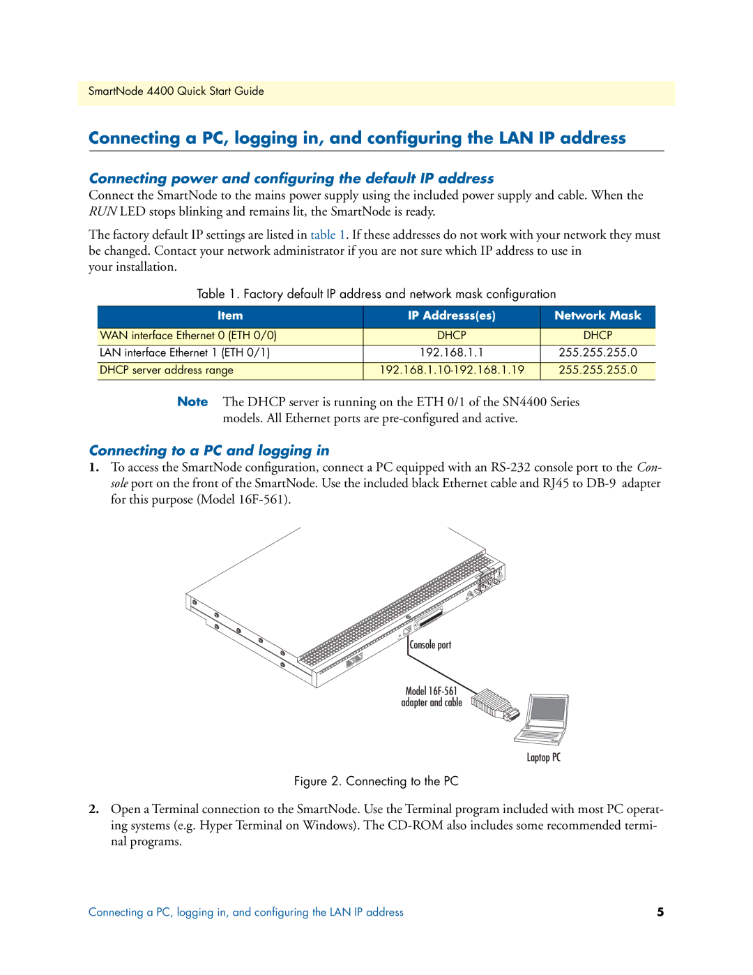 Patton electronic 07MSN4400-QS Connecting power and conﬁguring the default IP address, Connecting to a PC and logging 