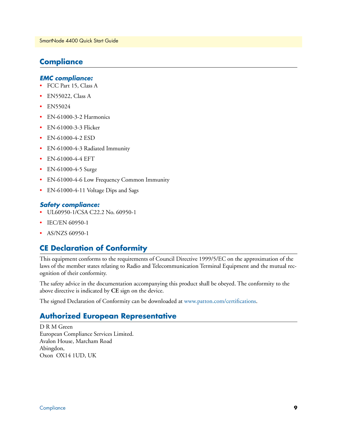 Patton electronic 07MSN4400-QS quick start Compliance, CE Declaration of Conformity, Authorized European Representative 