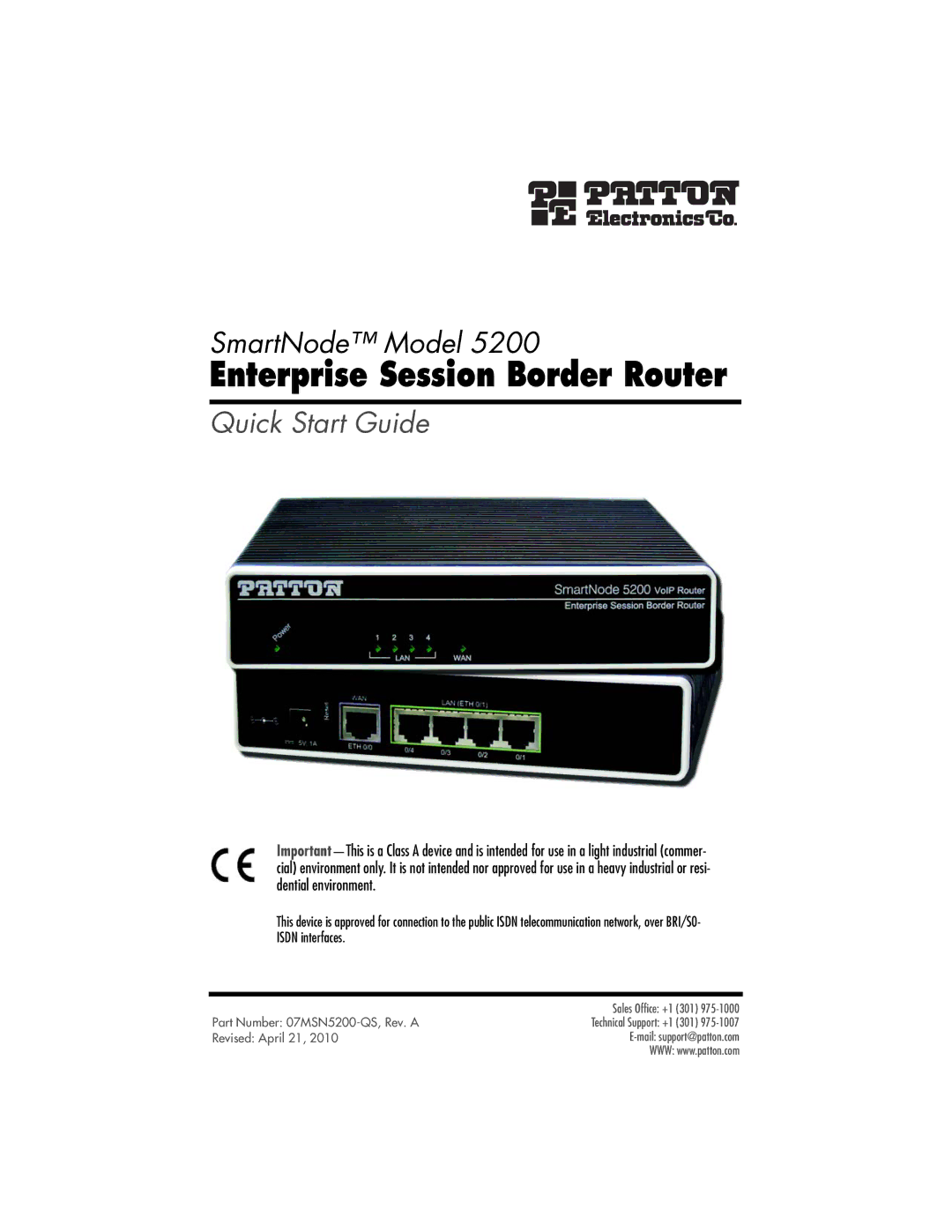 Patton electronic 07MSN5200-QS quick start Enterprise Session Border Router 