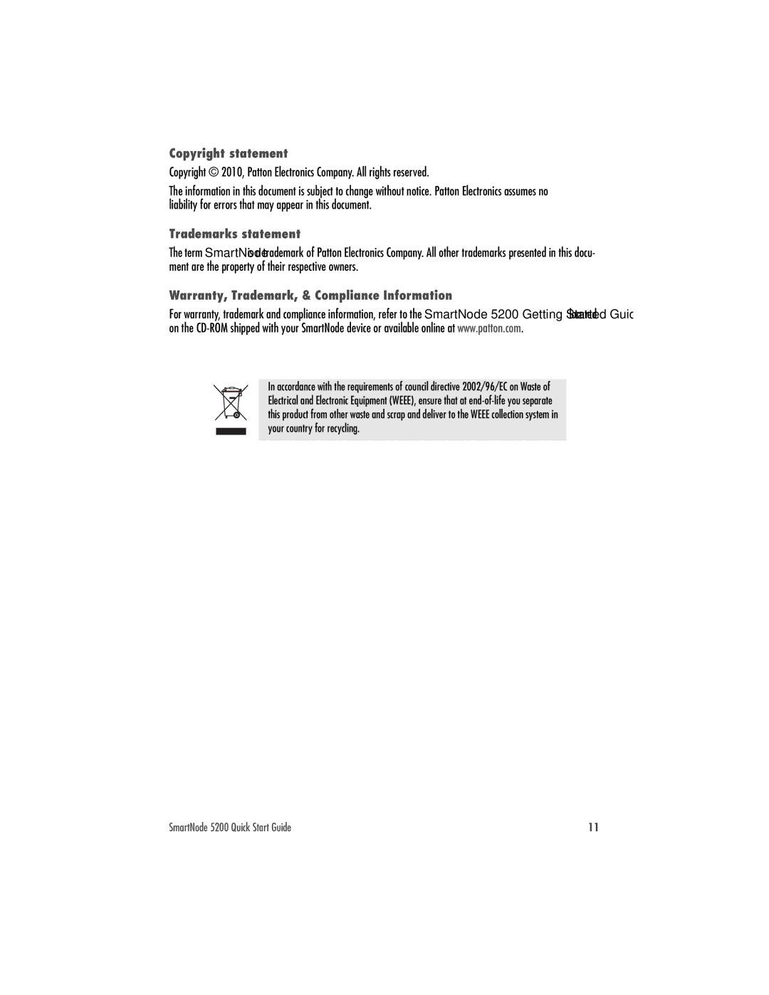 Patton electronic 07MSN5200-QS quick start Copyright statement 