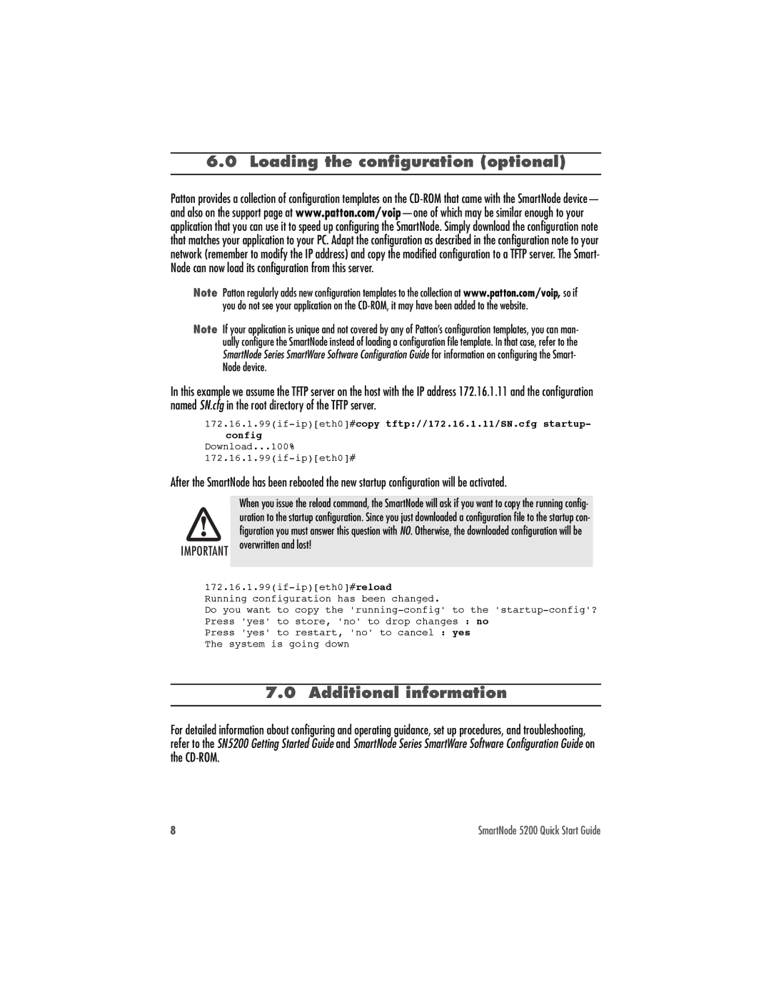Patton electronic 07MSN5200-QS quick start Loading the configuration optional, Additional information 