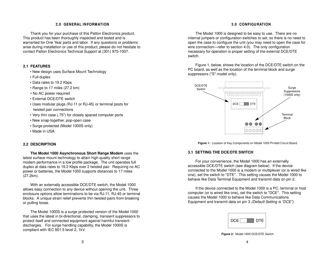 Patton electronic 1000S user manual Features, Description, Setting the DCE/DTE Switch 