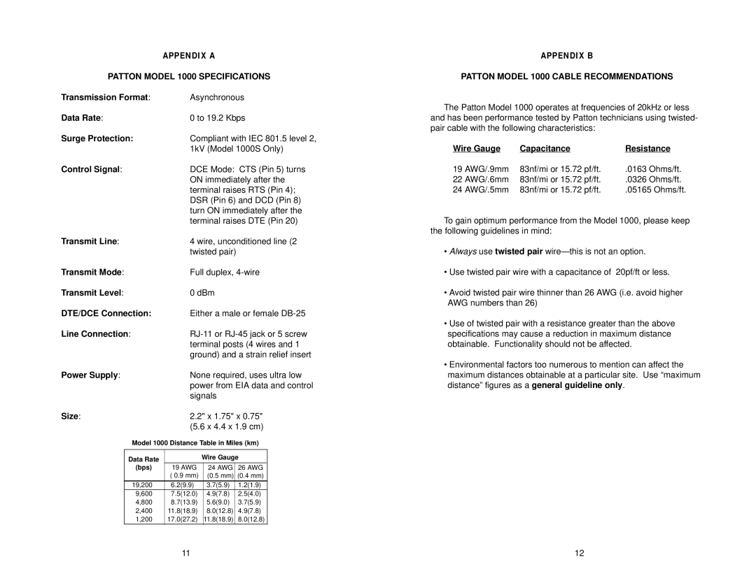 Patton electronic 1000S user manual Patton Model 1000 Specifications, Patton Model 1000 Cable Recommendations 