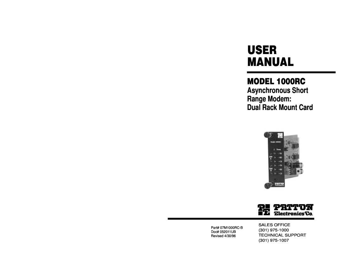 Patton electronic user manual User Manual, MODEL 1000RC, Asynchronous Short Range Modem Dual Rack Mount Card 