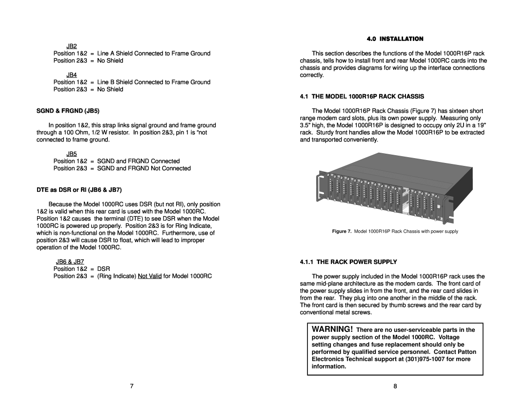 Patton electronic 1000RC user manual SGND & FRGND JB5, DTE as DSR or RI JB6 & JB7, THE MODEL 1000R16P RACK CHASSIS 