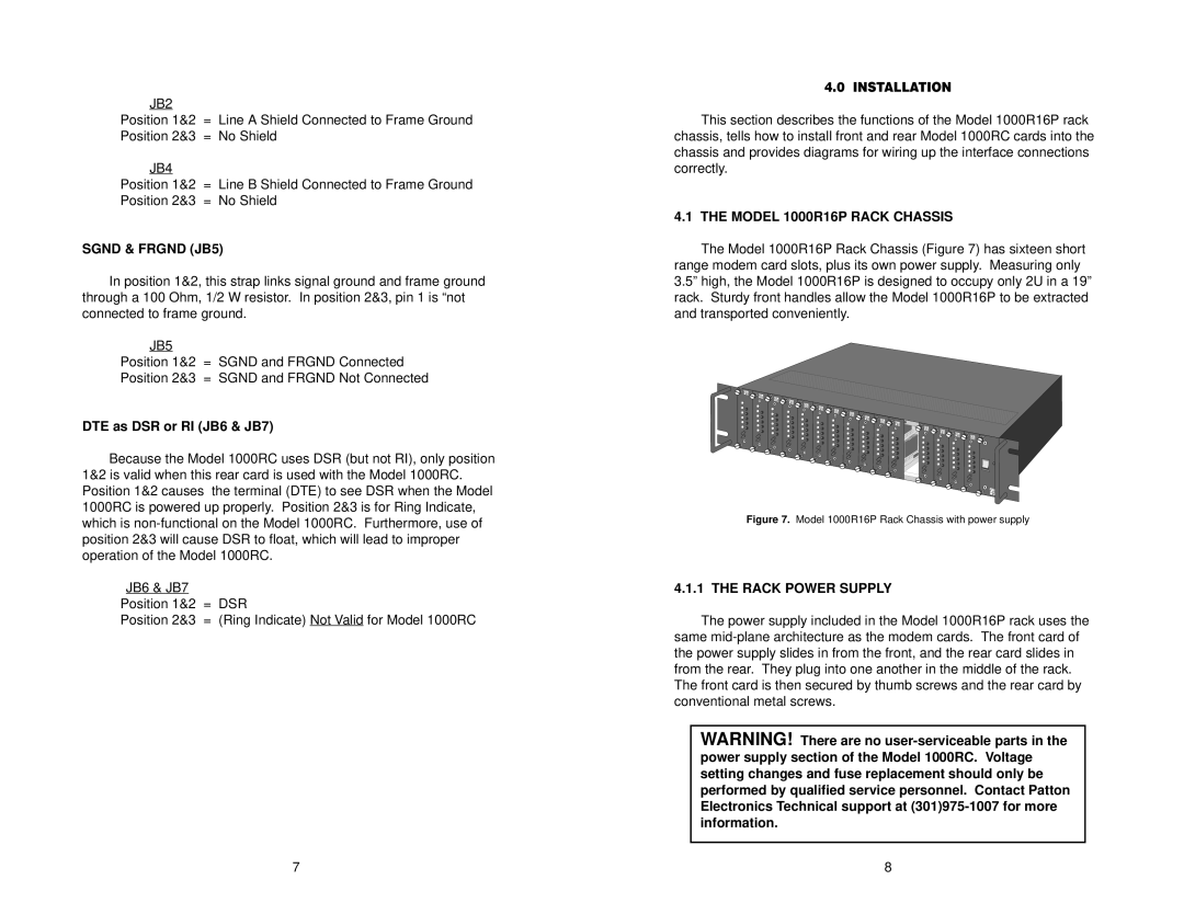 Patton electronic 1000RC Sgnd & Frgnd JB5, DTE as DSR or RI JB6 & JB7, Model 1000R16P Rack Chassis, Rack Power Supply 