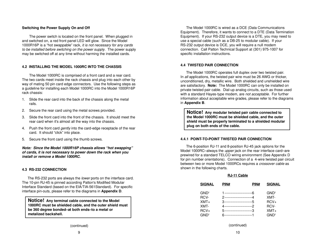 Patton electronic Installing the Model 1000RC Into the Chassis, RS-232 Connection, Twisted Pair Connection, Signal PIN# 