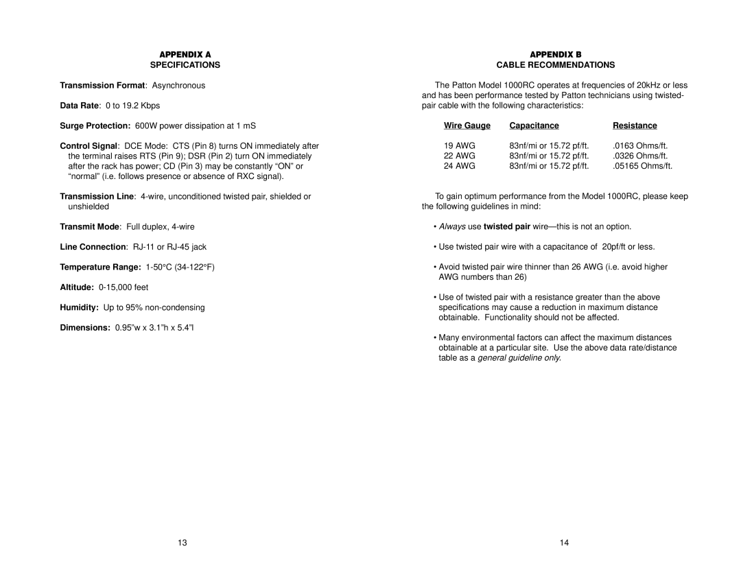 Patton electronic 1000RC user manual Specifications, Transmission Format Asynchronous, Temperature Range 1-50C34-122F 