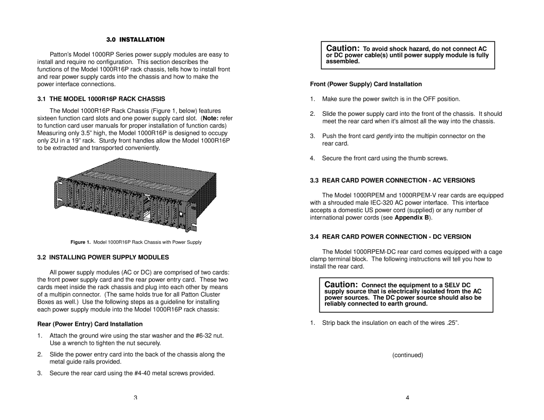 Patton electronic 1000RP user manual Installation, Model 1000R16P Rack Chassis, Installing Power Supply Modules 